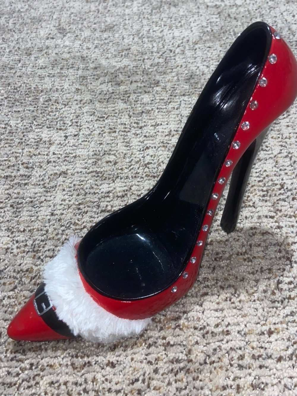 Red Women's High Heel Trinket Dish with Faux Fur Accent